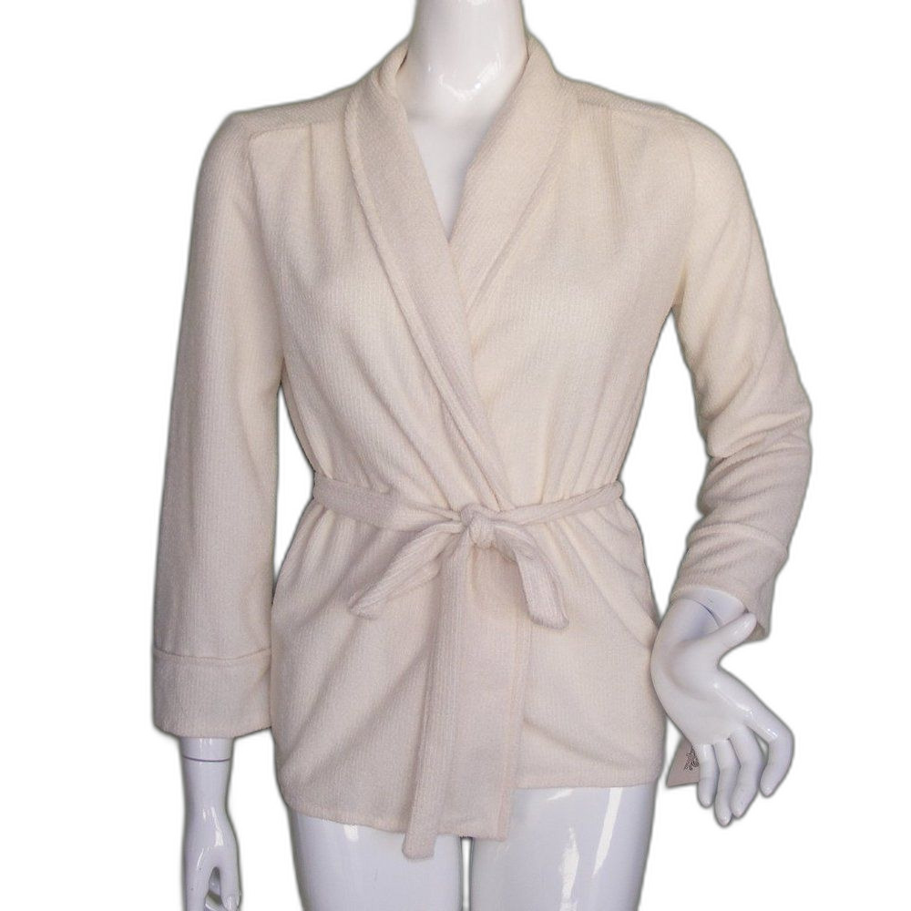 NOS Vintage Cream Cardigan, M/L, Open front & Sash, Poly, Romance of California